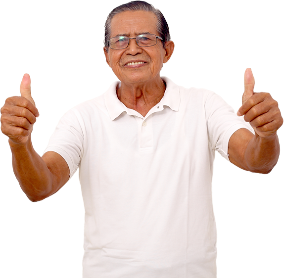 A happy old man showing thumbs up.